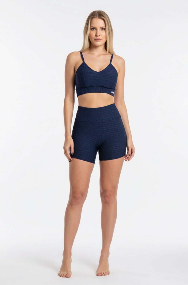 Conjunto short empina bumbum brocado azul