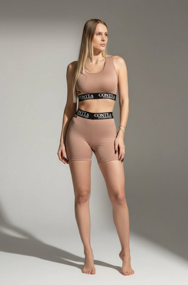 Conjunto short comum cintura alta marrom e top