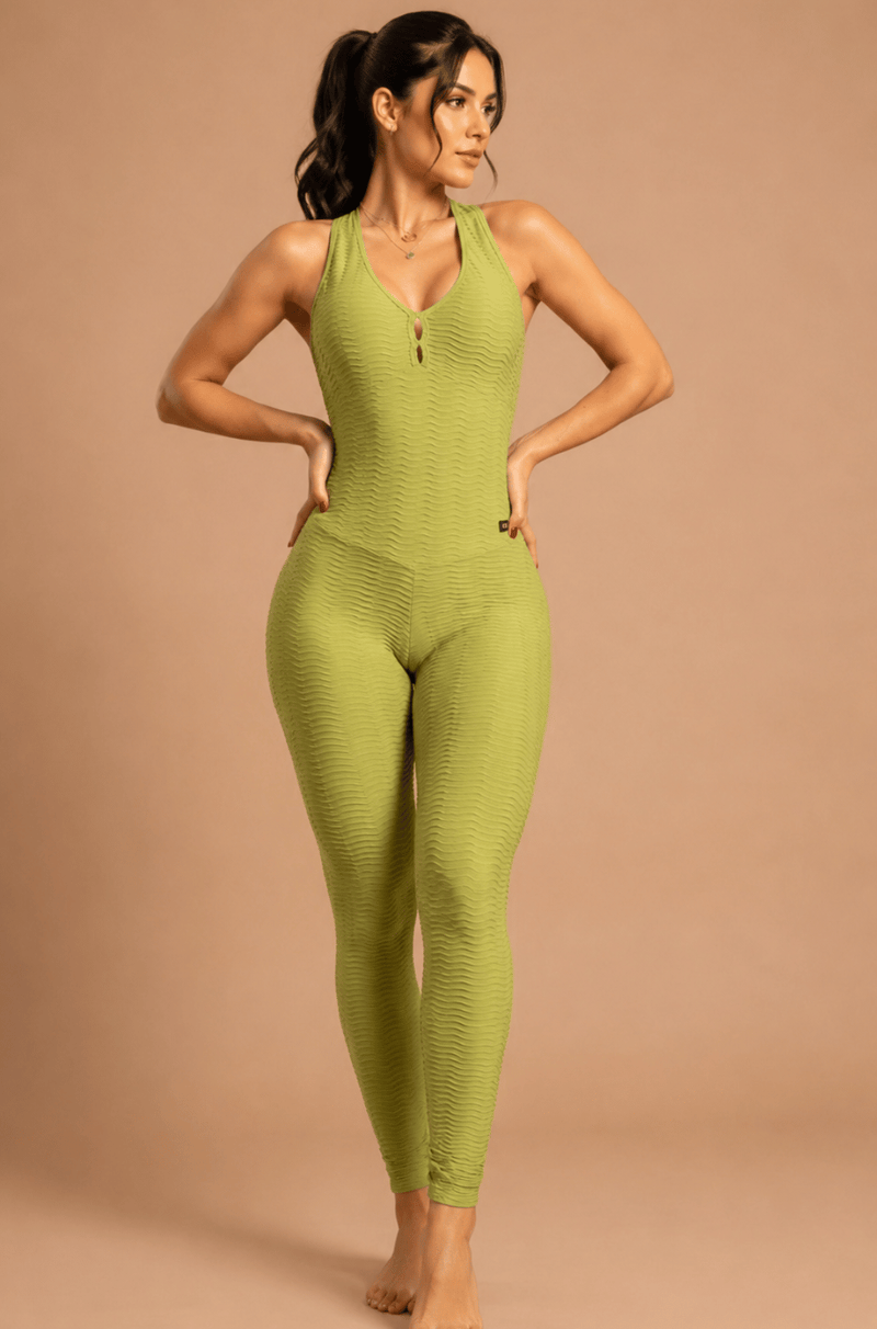 Macacão empina bumbum jacquard brocado lime green