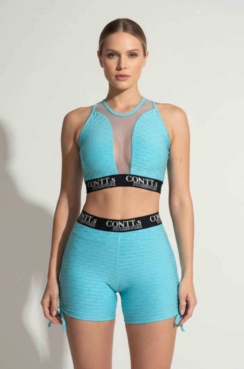 Top em tule brocado azul