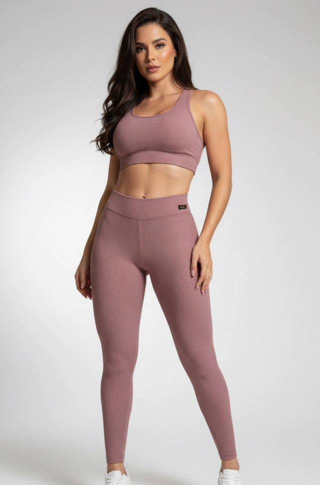 Legging cintura média canelada marrom