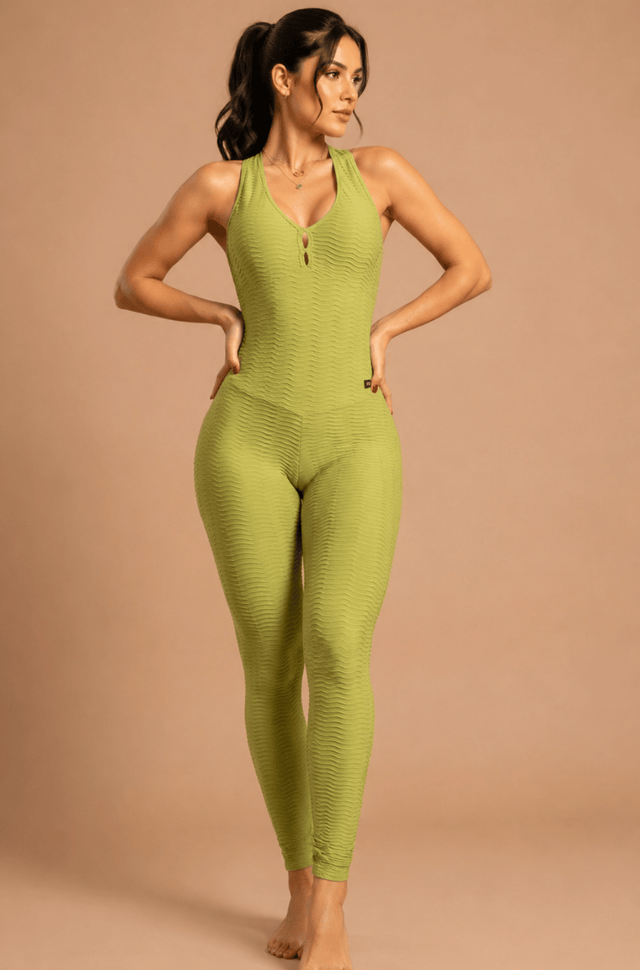 Macacão empina bumbum jacquard brocado lime green