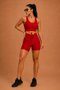 Conjunto short cintura alta coração brocada vermelha