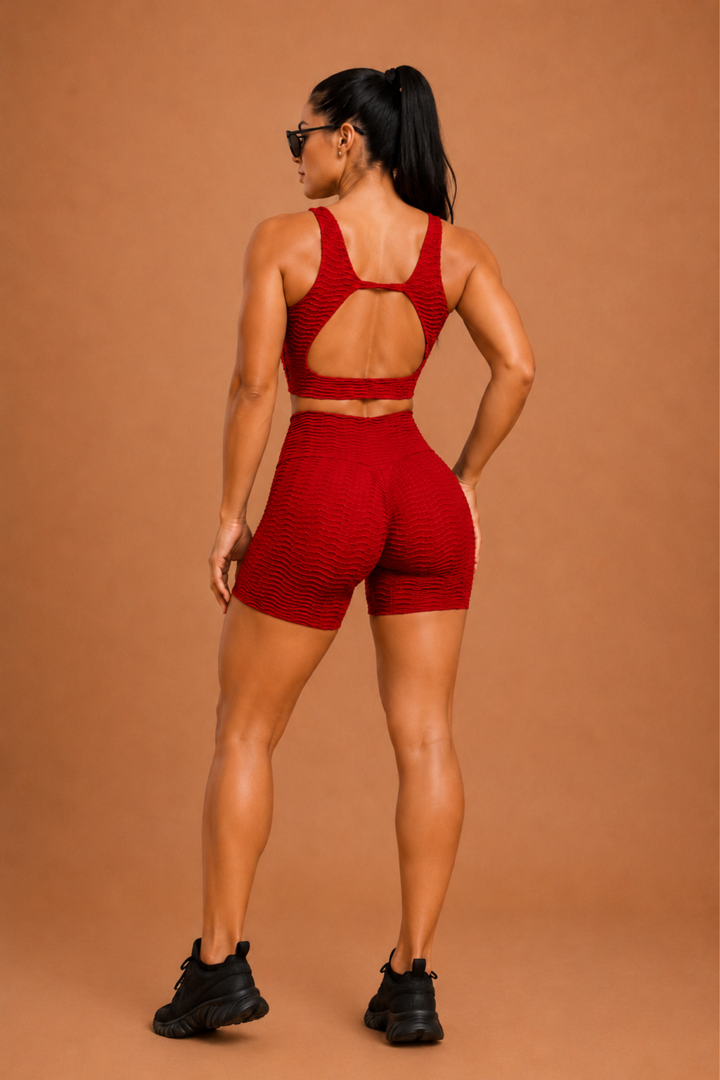 Conjunto short cintura alta coração brocada vermelha